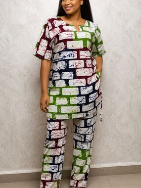 Colorful Brick-Print Two-Piece Set - Green, Navy, Burgundy
